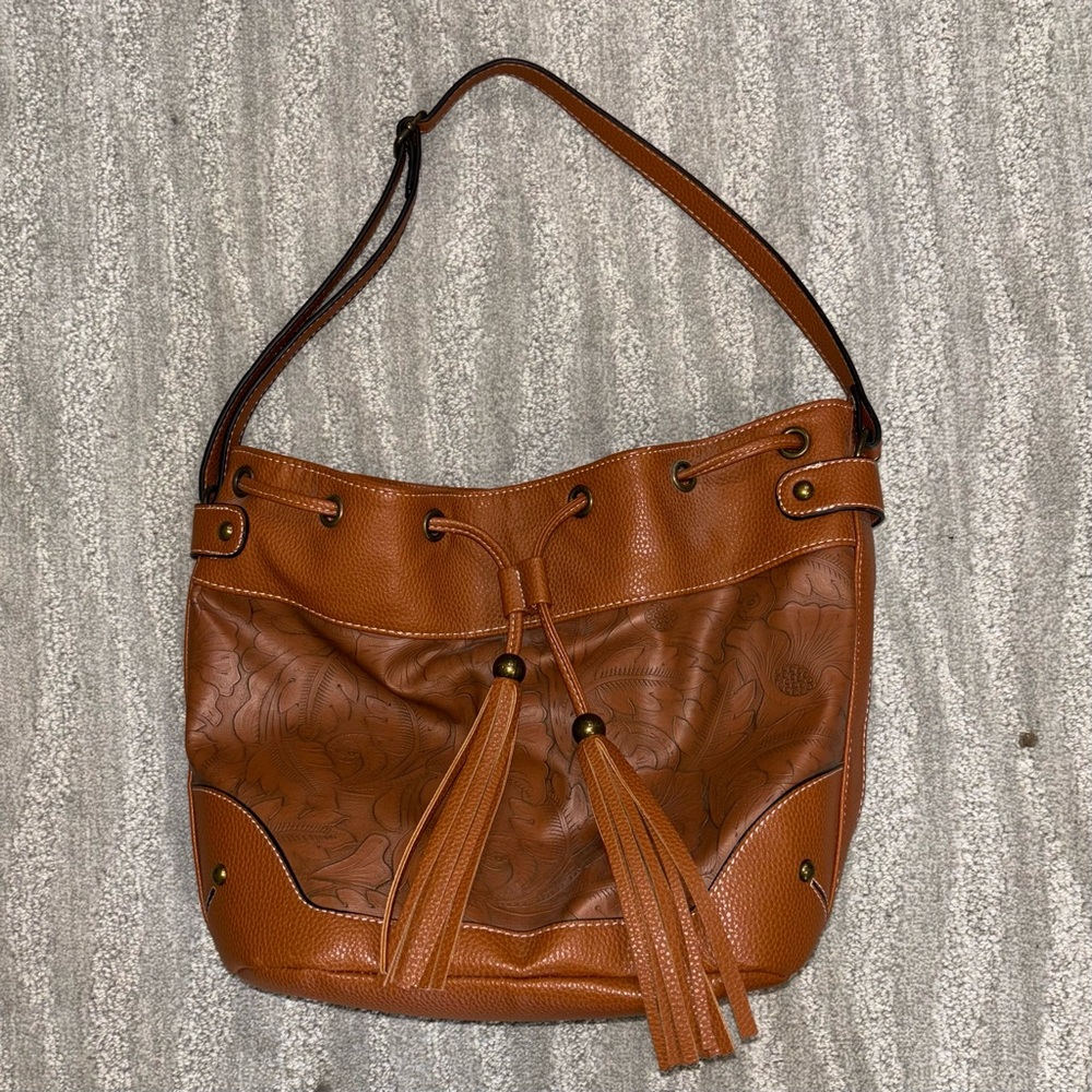 Boho Brown Faux Tooled Leather Bucket Bag With Drawstring Tassels
